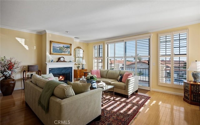 living area with hardwood / wood-style flooring, a warm lit fireplace, baseboards, and crown molding