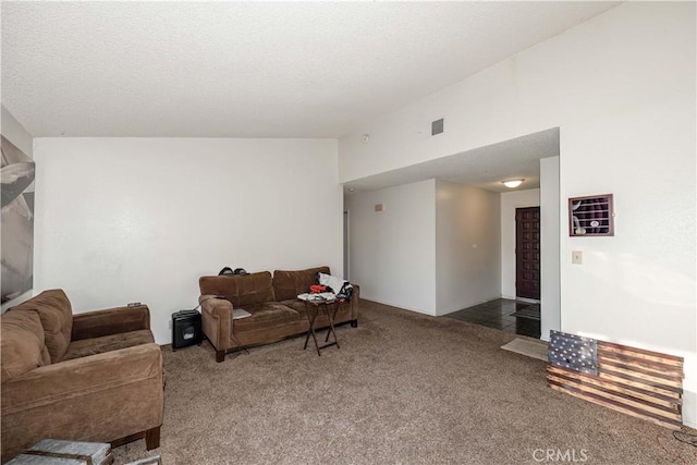 living room with carpet floors and a textured ceiling