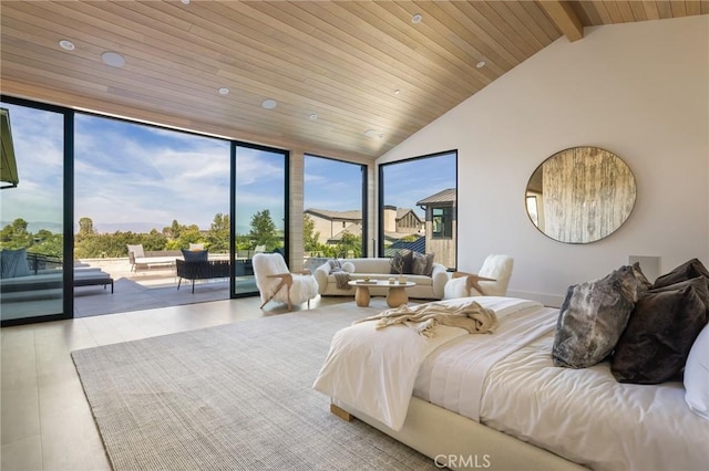 bedroom featuring access to outside, lofted ceiling with beams, expansive windows, and wood ceiling