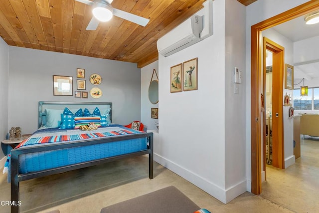 bedroom featuring wood ceiling, ceiling fan, and a wall mounted air conditioner