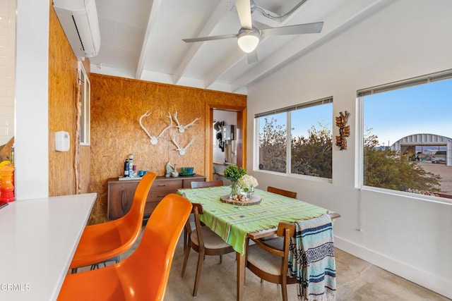 dining space with ceiling fan, wooden walls, lofted ceiling with beams, and a wall mounted AC