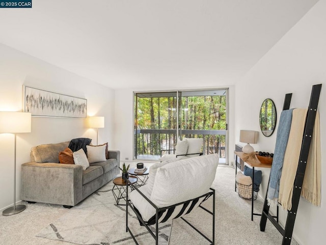 carpeted living room with floor to ceiling windows