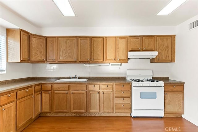 kitchen featuring white gas stove, light wood-type flooring, and sink