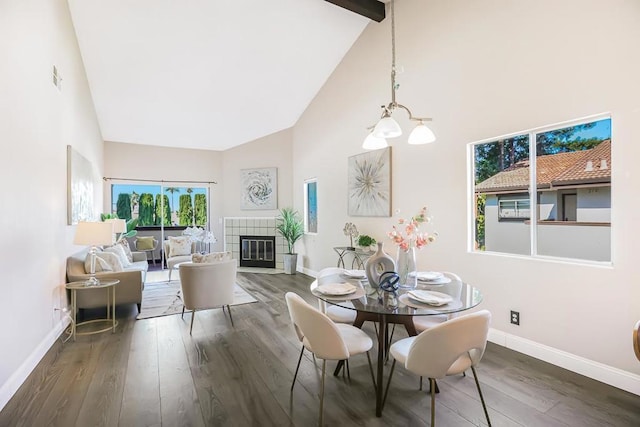 dining room featuring dark wood-type flooring, high vaulted ceiling, and beamed ceiling