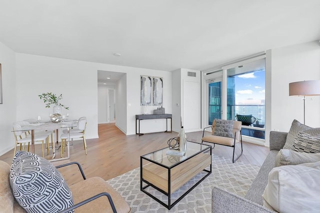 living room with light hardwood / wood-style floors and floor to ceiling windows