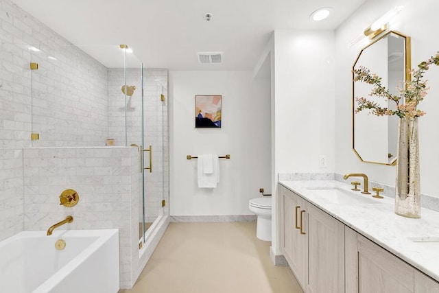 full bathroom with vanity, independent shower and bath, and toilet