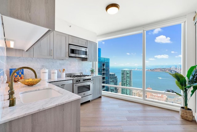 kitchen with appliances with stainless steel finishes, a healthy amount of sunlight, sink, a water view, and a wall of windows