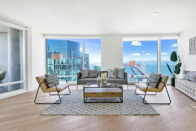 living room with plenty of natural light, a water view, light wood-type flooring, and a wall of windows