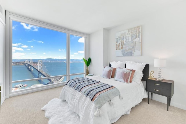 carpeted bedroom with expansive windows and a water view