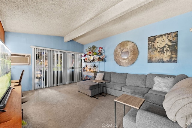 living room featuring vaulted ceiling with beams, a textured ceiling, and a wall unit AC