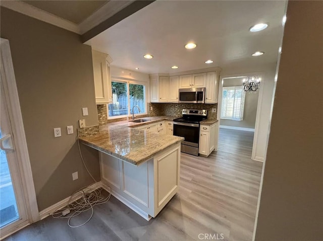 kitchen with white cabinetry, kitchen peninsula, appliances with stainless steel finishes, backsplash, and sink