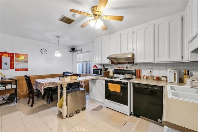 kitchen with black dishwasher, decorative light fixtures, white cabinetry, and white gas range