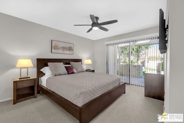 bedroom featuring access to outside, ceiling fan, and light colored carpet