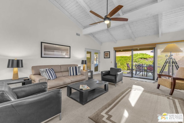 carpeted living room featuring french doors, ceiling fan, beam ceiling, high vaulted ceiling, and wooden ceiling