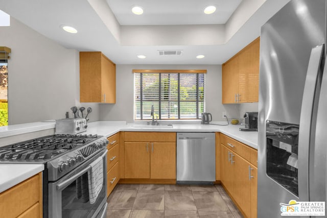 kitchen featuring kitchen peninsula, stainless steel appliances, a raised ceiling, and sink