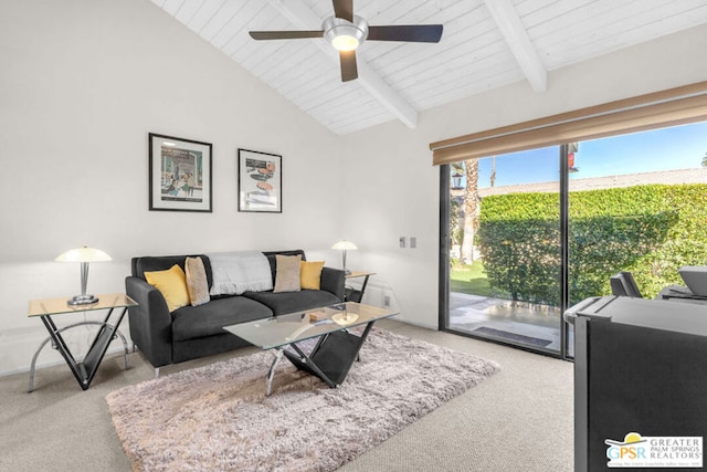 living room featuring ceiling fan, beamed ceiling, light carpet, and high vaulted ceiling