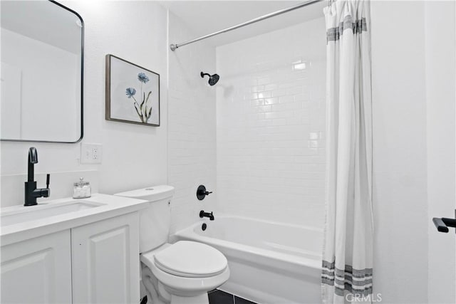 full bathroom with vanity, toilet, and shower / bathtub combination with curtain