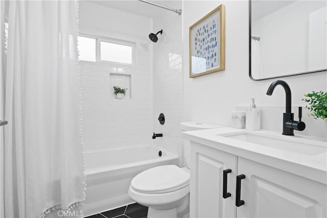 full bathroom with tile patterned floors, vanity, shower / bath combination with curtain, and toilet