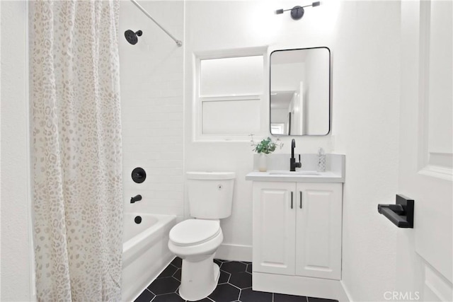 full bathroom with shower / bath combination with curtain, vanity, toilet, and tile patterned floors