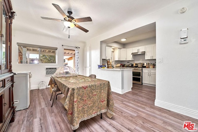 dining room featuring ceiling fan, light hardwood / wood-style flooring, a wall mounted air conditioner, and sink