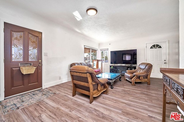 living room with wood-type flooring and a textured ceiling