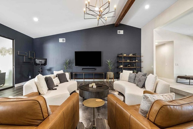 living room with vaulted ceiling with beams, a notable chandelier, and hardwood / wood-style flooring