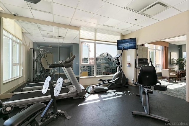 workout area featuring plenty of natural light and a drop ceiling