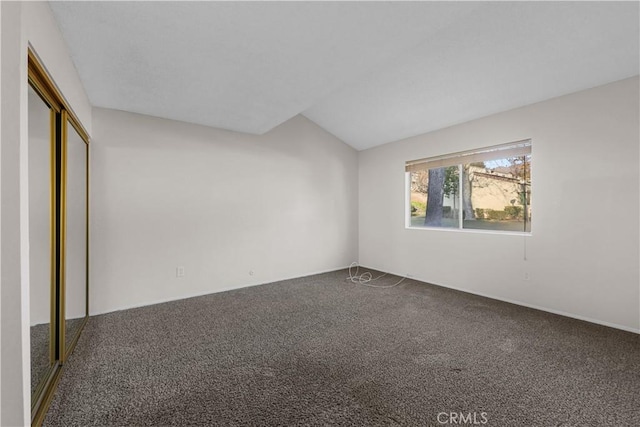 interior space featuring vaulted ceiling, carpet, and a closet