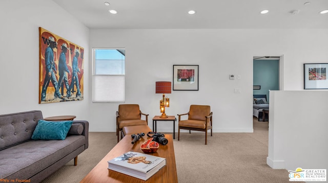 living room featuring light carpet