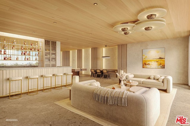 living room featuring wooden ceiling