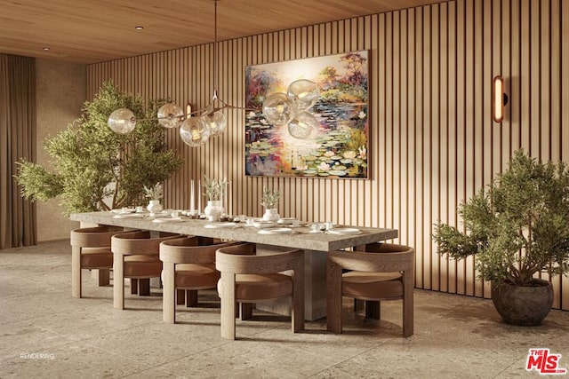 unfurnished dining area featuring wooden ceiling and wood walls