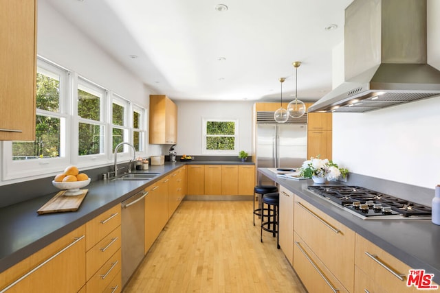 kitchen with pendant lighting, sink, plenty of natural light, island range hood, and stainless steel appliances