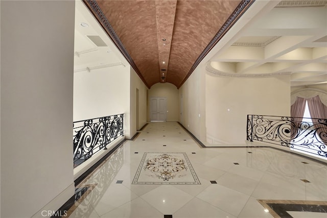 hall with brick ceiling, tile patterned floors, and beam ceiling