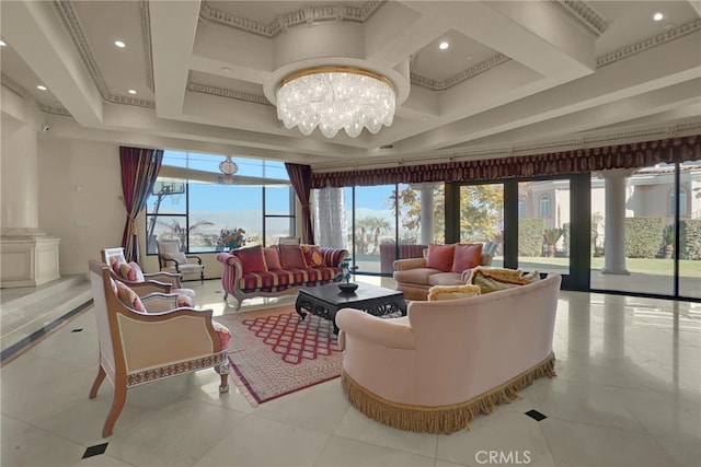 tiled living room featuring a notable chandelier and coffered ceiling