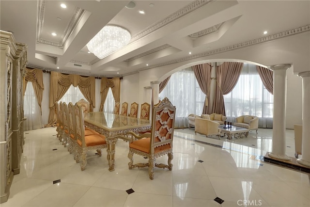 dining room with coffered ceiling, crown molding, and light tile patterned flooring