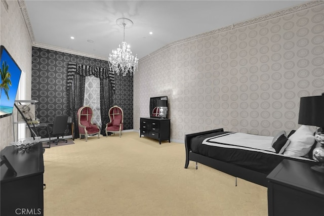 carpeted bedroom with an inviting chandelier and ornamental molding