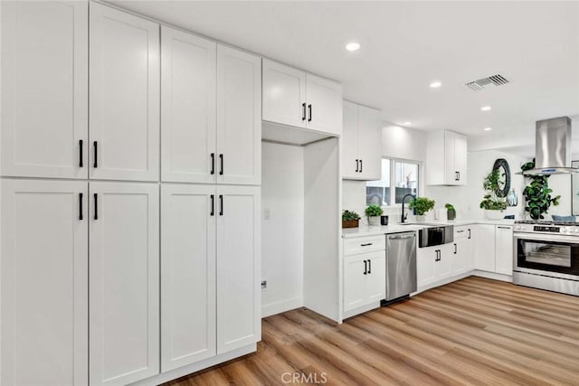 kitchen featuring sink, white cabinetry, light hardwood / wood-style flooring, island range hood, and appliances with stainless steel finishes