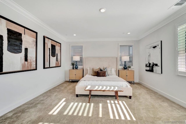 carpeted bedroom featuring multiple windows and crown molding