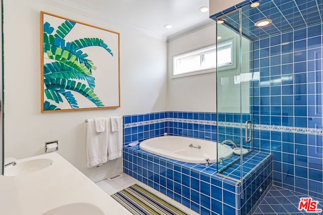 bathroom with tile patterned floors, sink, shower with separate bathtub, and ornamental molding