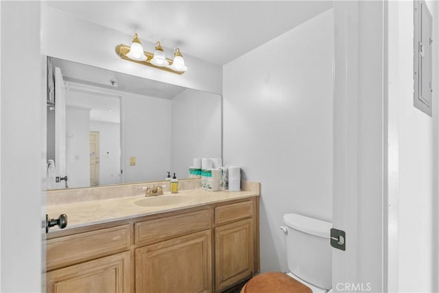 bathroom with vanity, electric panel, and toilet