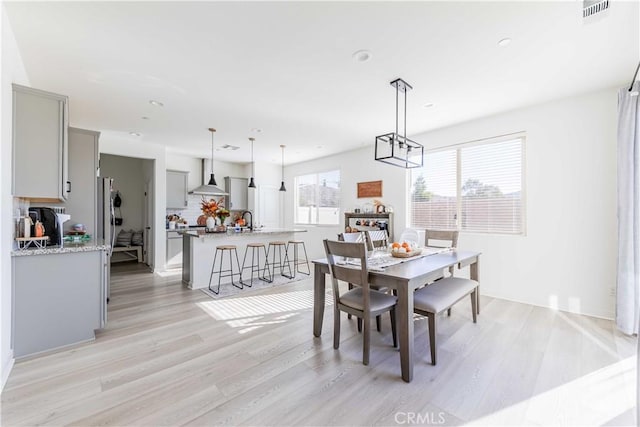 dining room featuring a wealth of natural light, sink, and light hardwood / wood-style floors