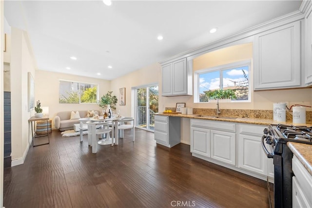 kitchen with dark hardwood / wood-style floors, black gas stove, white cabinetry, and sink