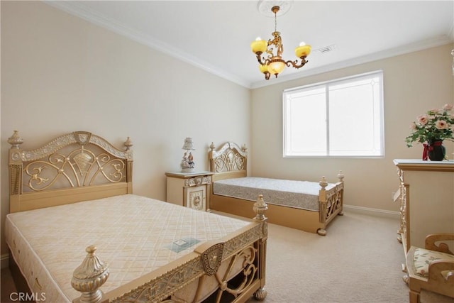 carpeted bedroom with crown molding and an inviting chandelier