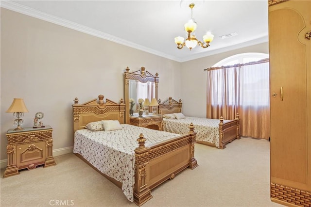 bedroom with light carpet, crown molding, and a chandelier