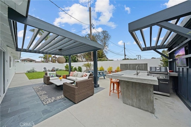 view of patio / terrace featuring outdoor lounge area, a bar, a pergola, and area for grilling