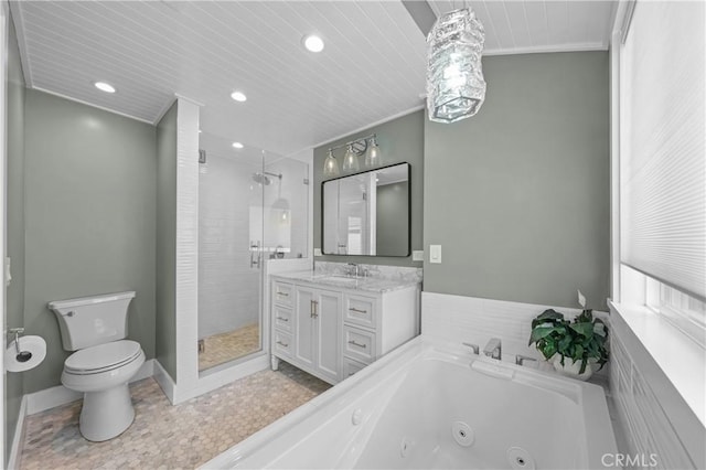 full bathroom with wood ceiling, vanity, independent shower and bath, and toilet