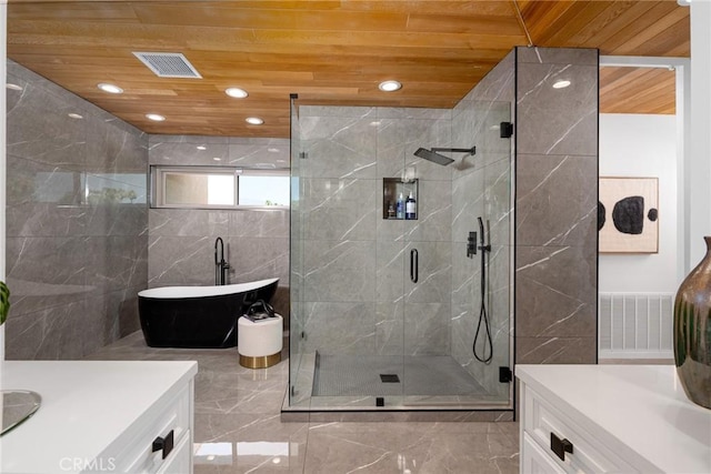 bathroom featuring plus walk in shower, vanity, wood ceiling, and tile walls