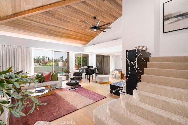 living room with wood-type flooring, high vaulted ceiling, ceiling fan, and wood ceiling