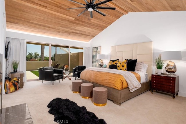 bedroom featuring wood ceiling, ceiling fan, carpet floors, and access to outside