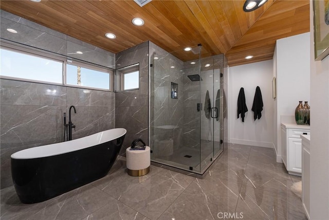 bathroom with vanity, separate shower and tub, wood ceiling, and vaulted ceiling